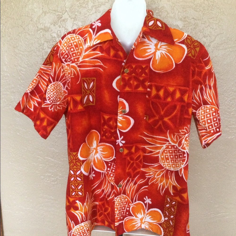 Vintage Barkcloth Hawaiian Shirt Tropical Orange L